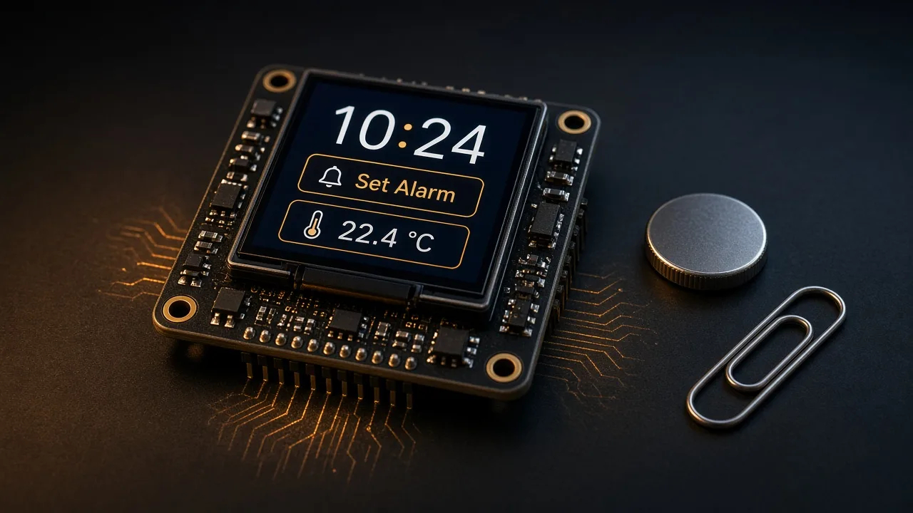 A controller with a 2.4-inch screen next to a coin cell and a paper clip