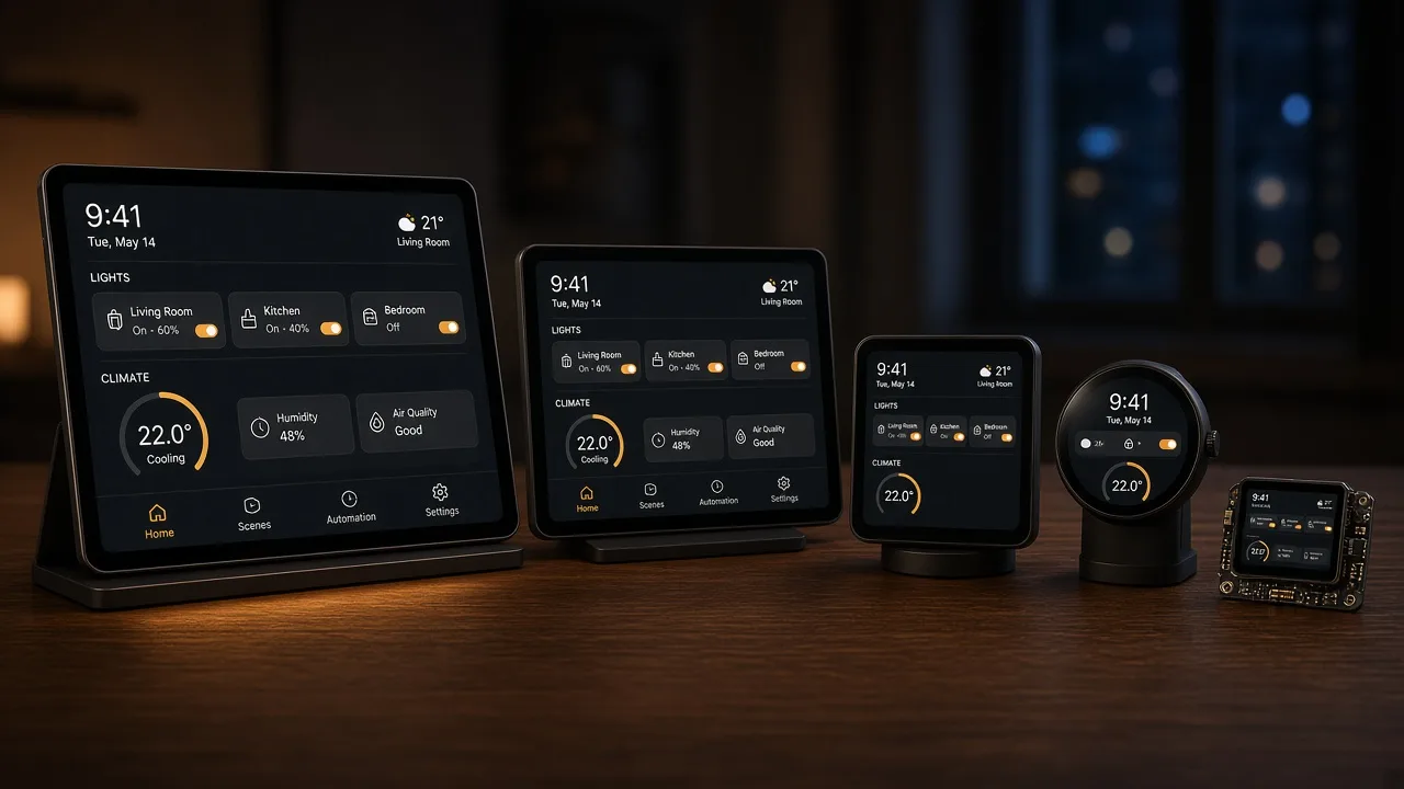 A tablet, a wall panel, a small display, a round screen and a bare-board controller all showing the same interface