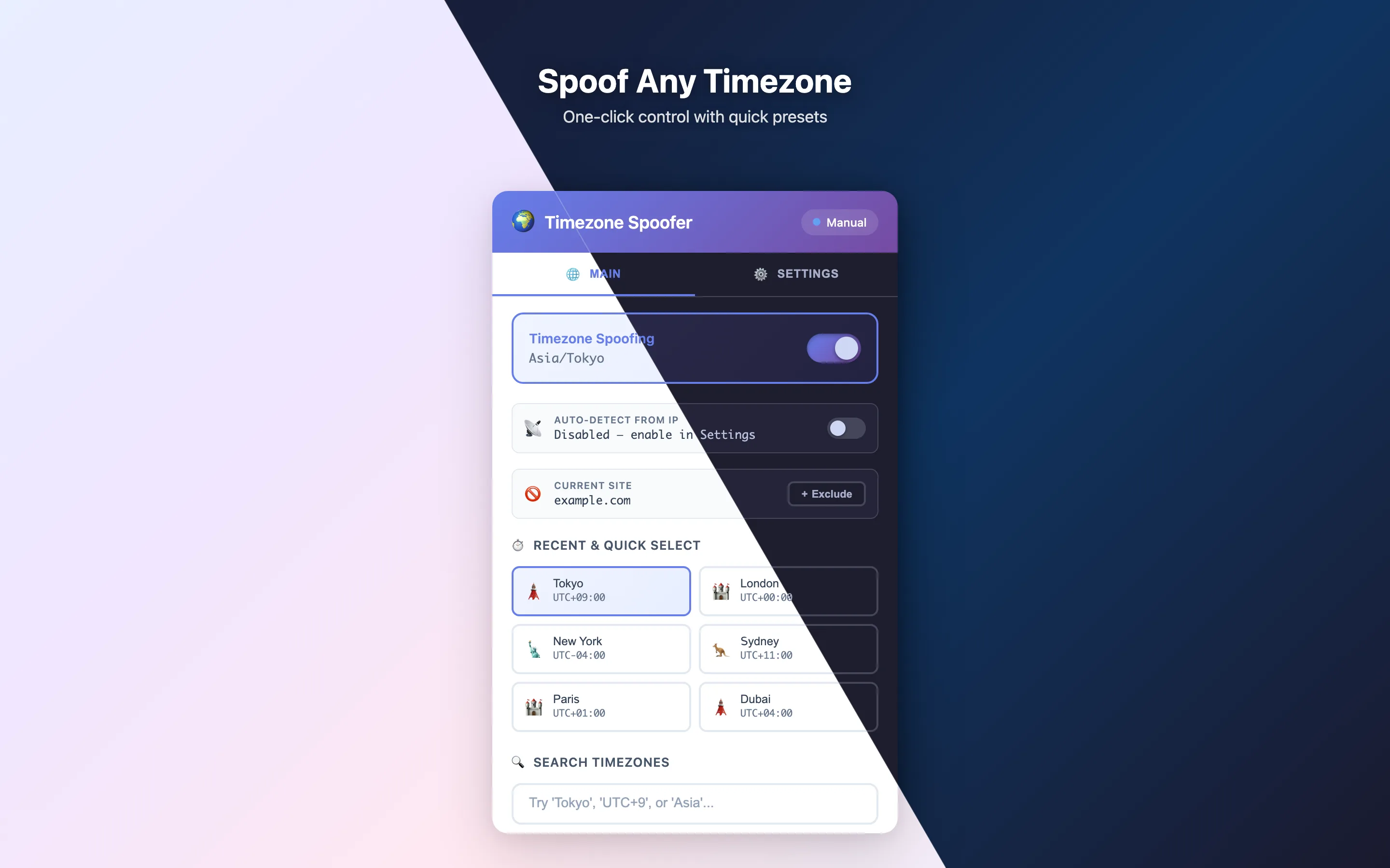 Timezone Spoofer main tab: one-click toggle and quick presets
