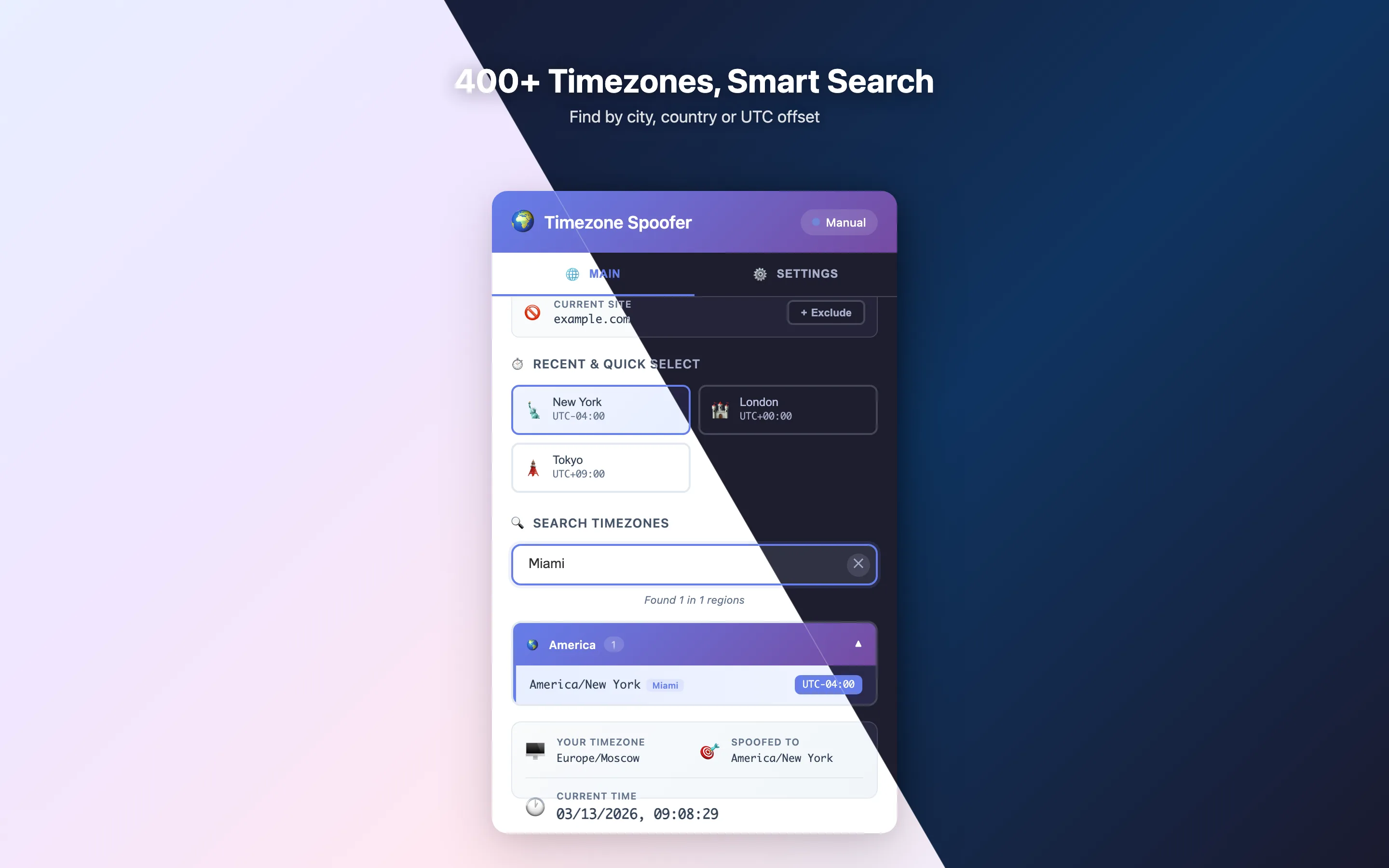 Smart search: find a zone by city, country or UTC offset